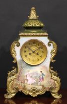 A Louis XV Revival gilt metal mounted porcelain cartouche shaped mantel clock, painted by Dumas,