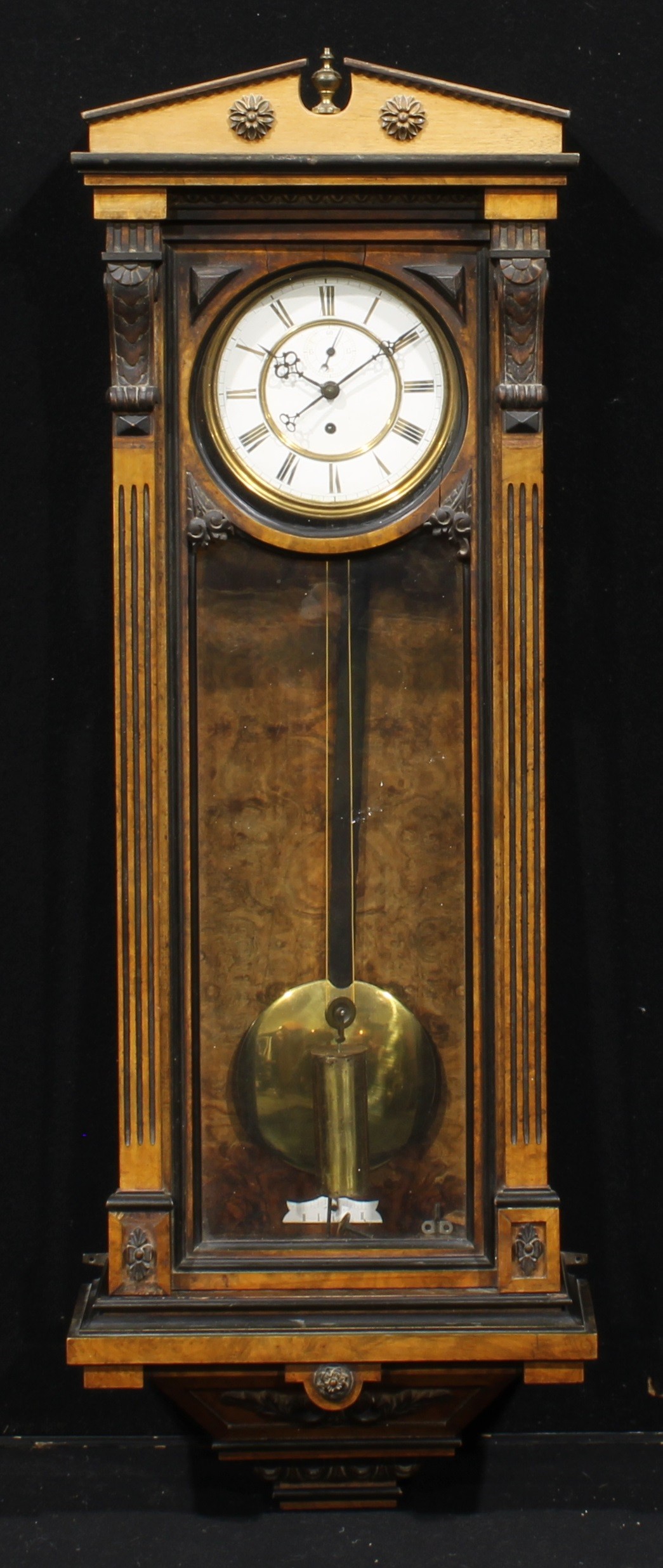 A 19th century walnut Vienna regulator wall clock, 16cm enamel dial inscribed with Roman numerals,