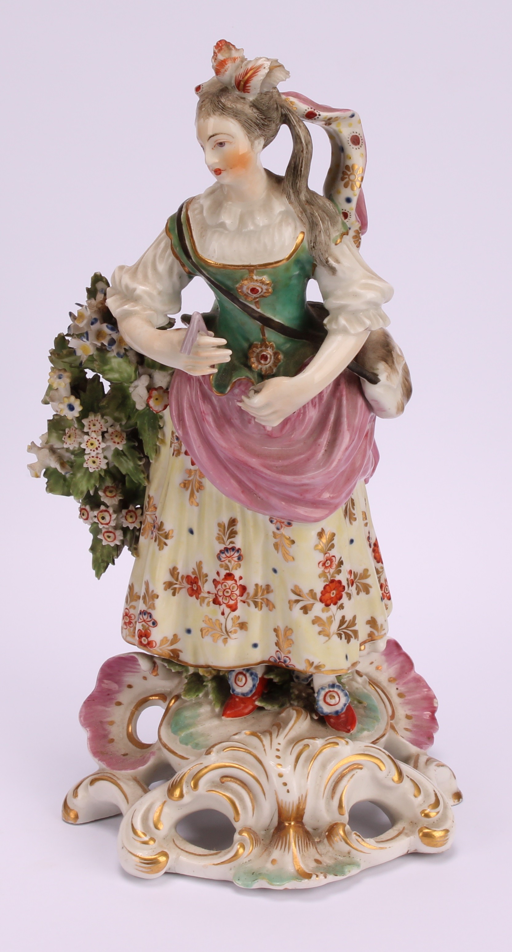 A Derby pair of patch mark figures, of Musicians, she stands playing the triangle, wearing - Image 7 of 10