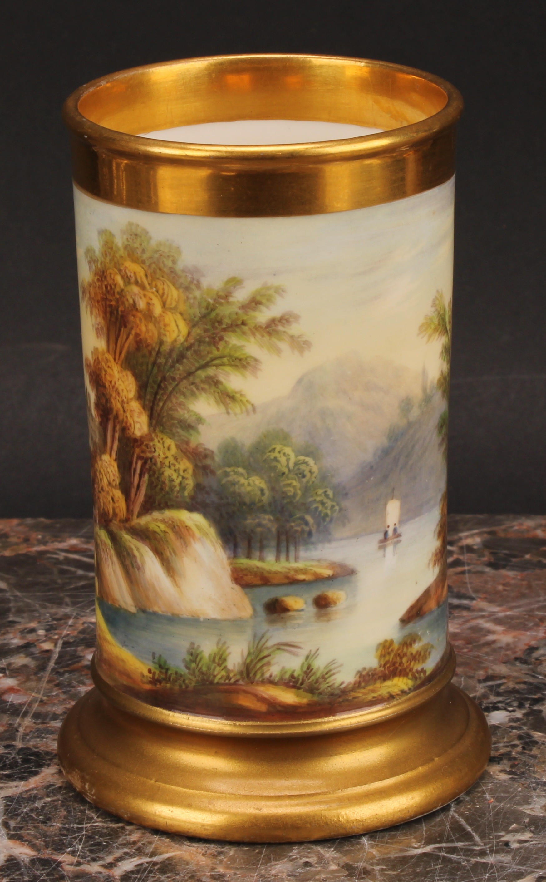 A pair of English porcelain cylindrical spill vases, each painted with a continuous lakeside - Image 4 of 12