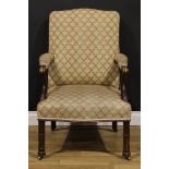 A 19th century French Hepplewhite Revival elbow chair, stuffed-over upholstery, scroll hand rests,