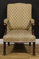 A 19th century French Hepplewhite Revival elbow chair, stuffed-over upholstery, scroll hand rests,