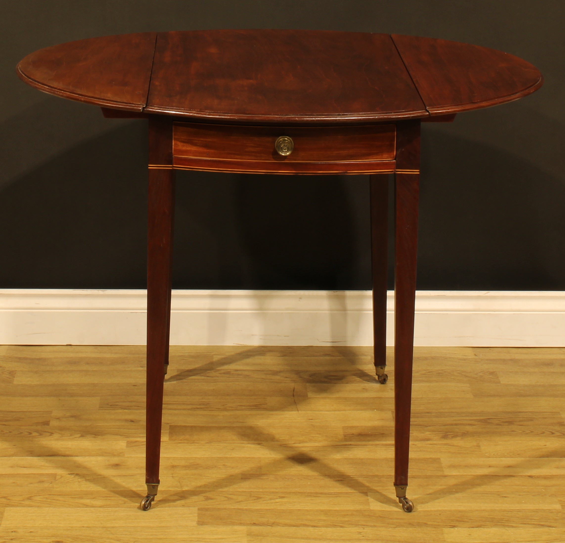 A ‘George III’ mahogany Pembroke table, oval top with fall leaves above a single frieze drawer, - Image 3 of 7
