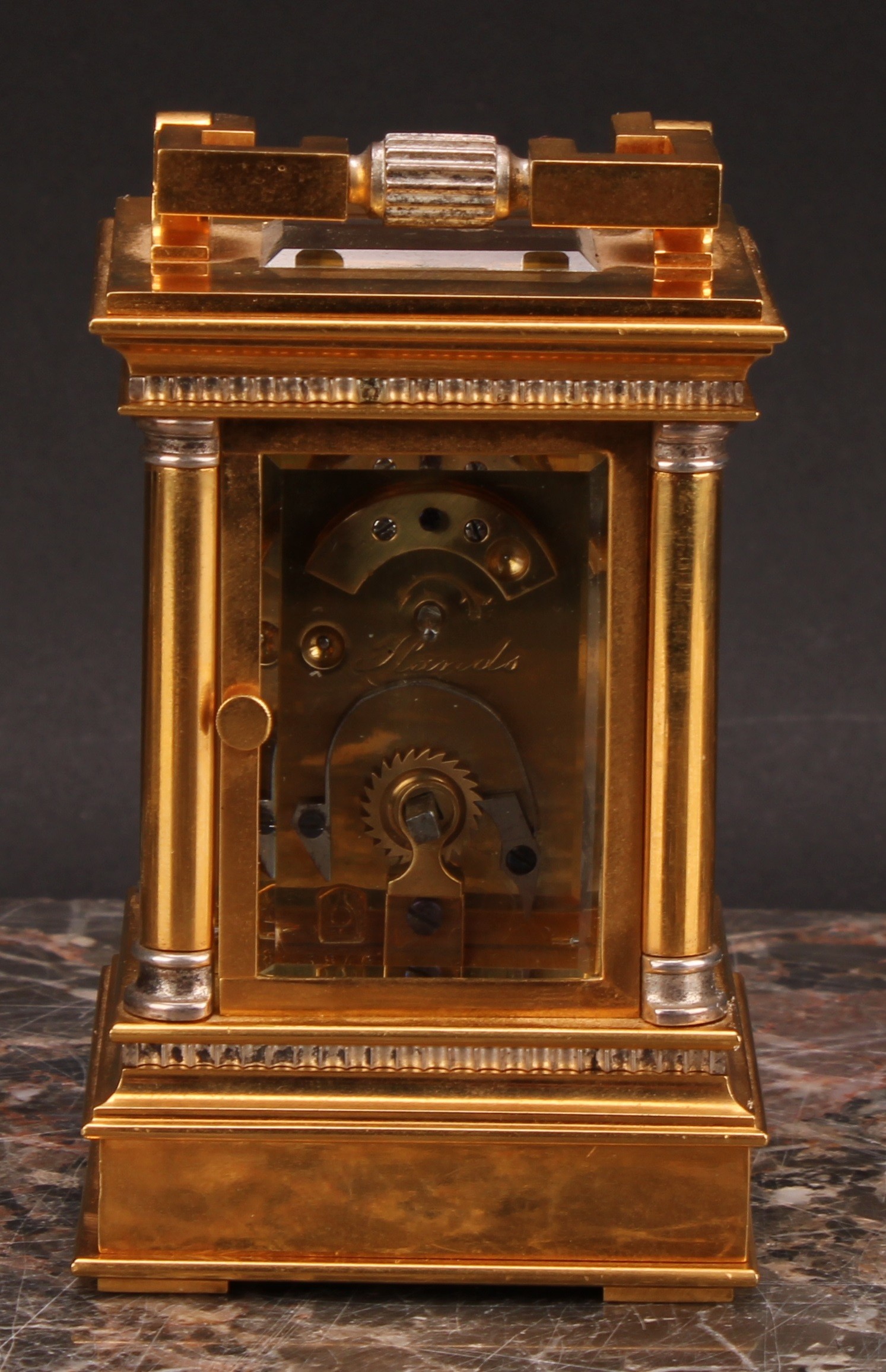 A French parcel-silvered gilt brass and champleve enamel miniature carriage timepiece, 3cm clock - Image 6 of 7