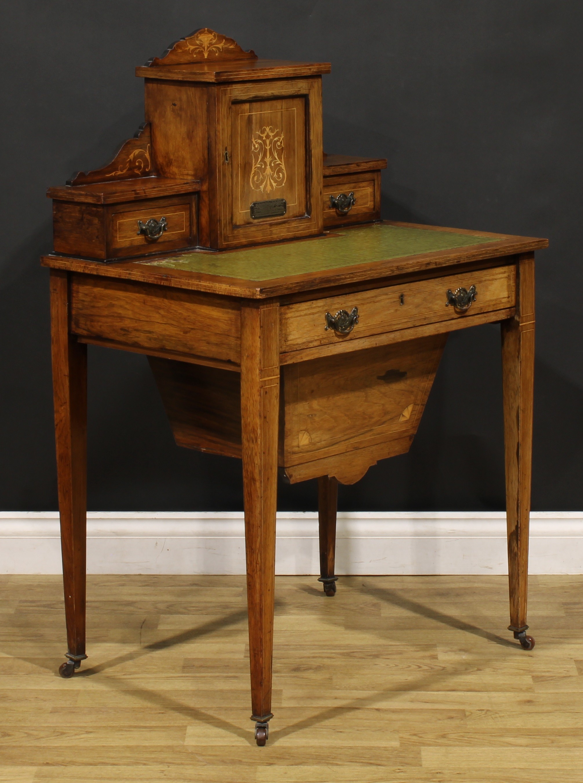 A late Victorian rosewood and marquetry bonheur du jour work table, stepped superstructure with a - Image 3 of 6