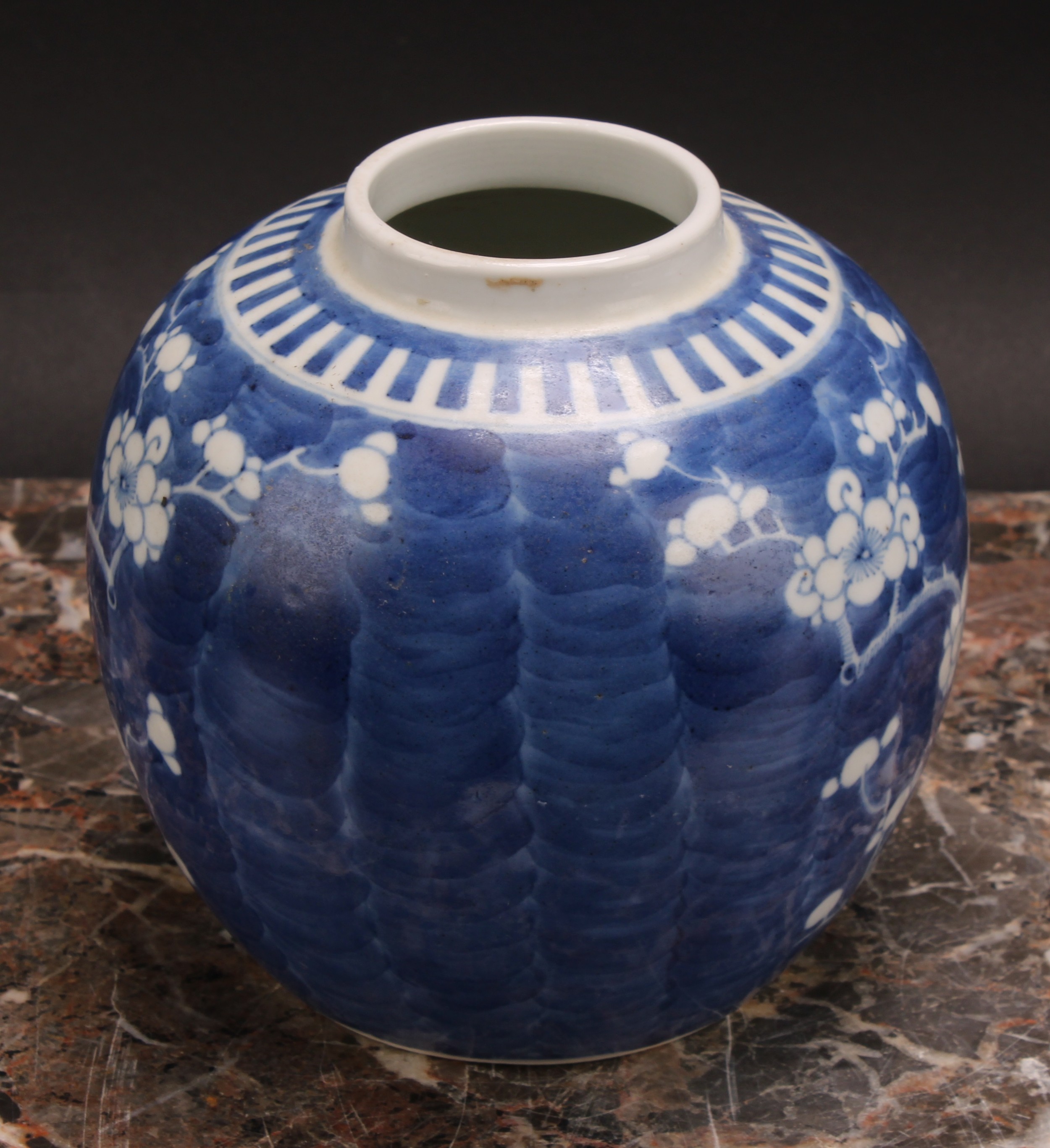 A Chinese ovoid ginger jar, painted in tones of underglaze blue with blossoming prunus on a ground - Image 3 of 9