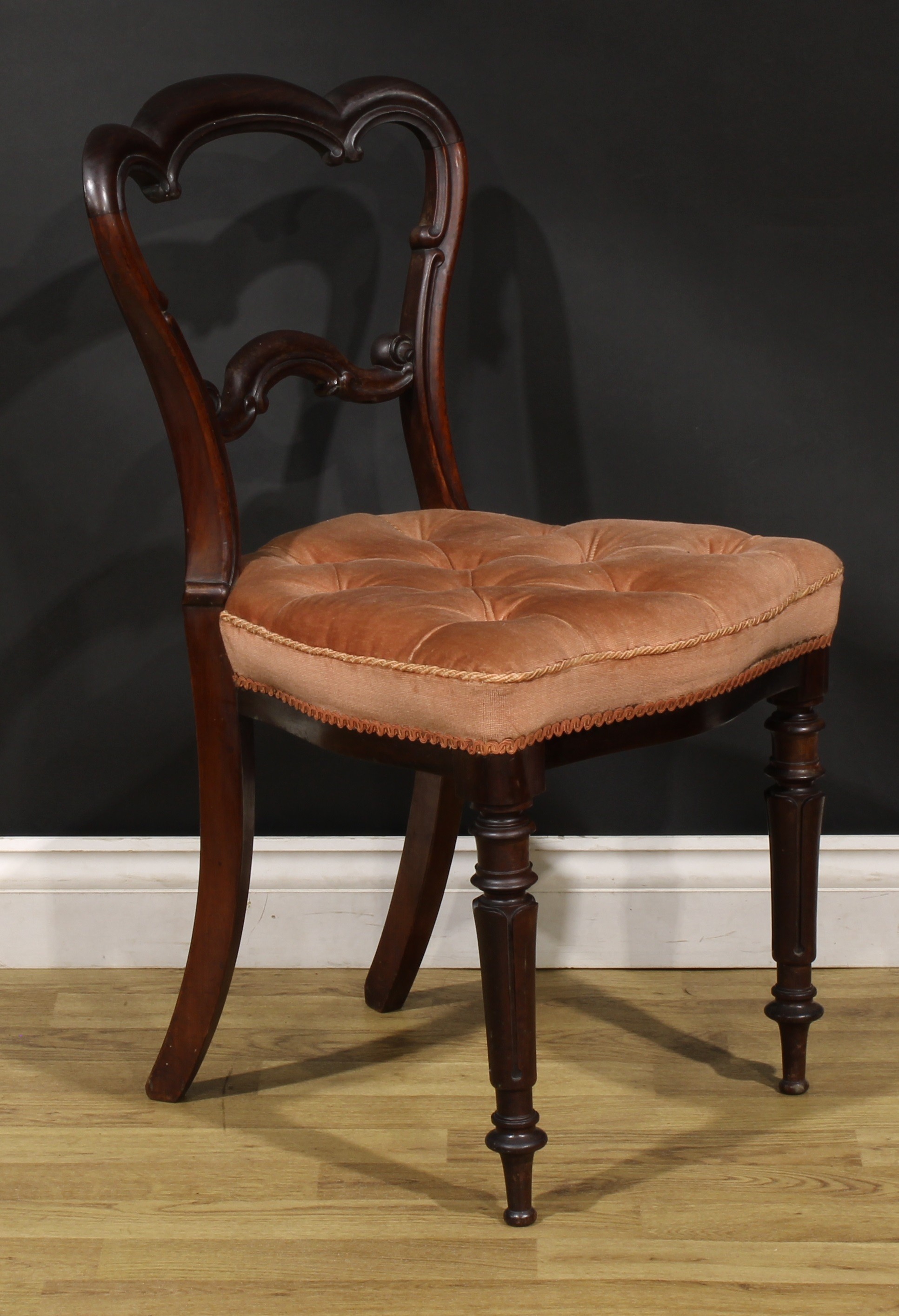 A set of six early Victorian solid rosewood dining chairs, cartouche shaped backs, stuffed-over - Image 3 of 5