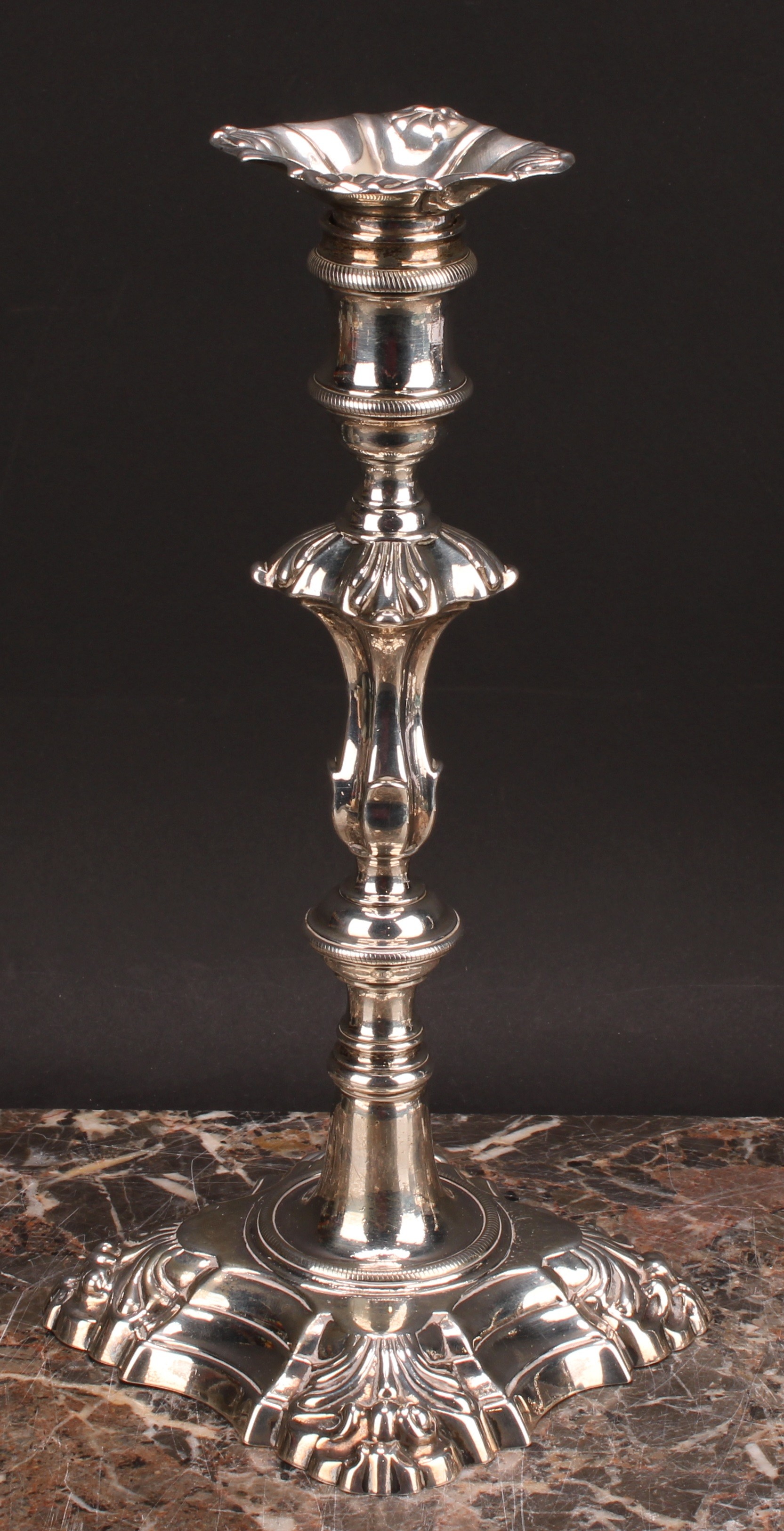 A composed set of four George II/early George III cast table candlesticks, detachable nozzles, - Image 13 of 14