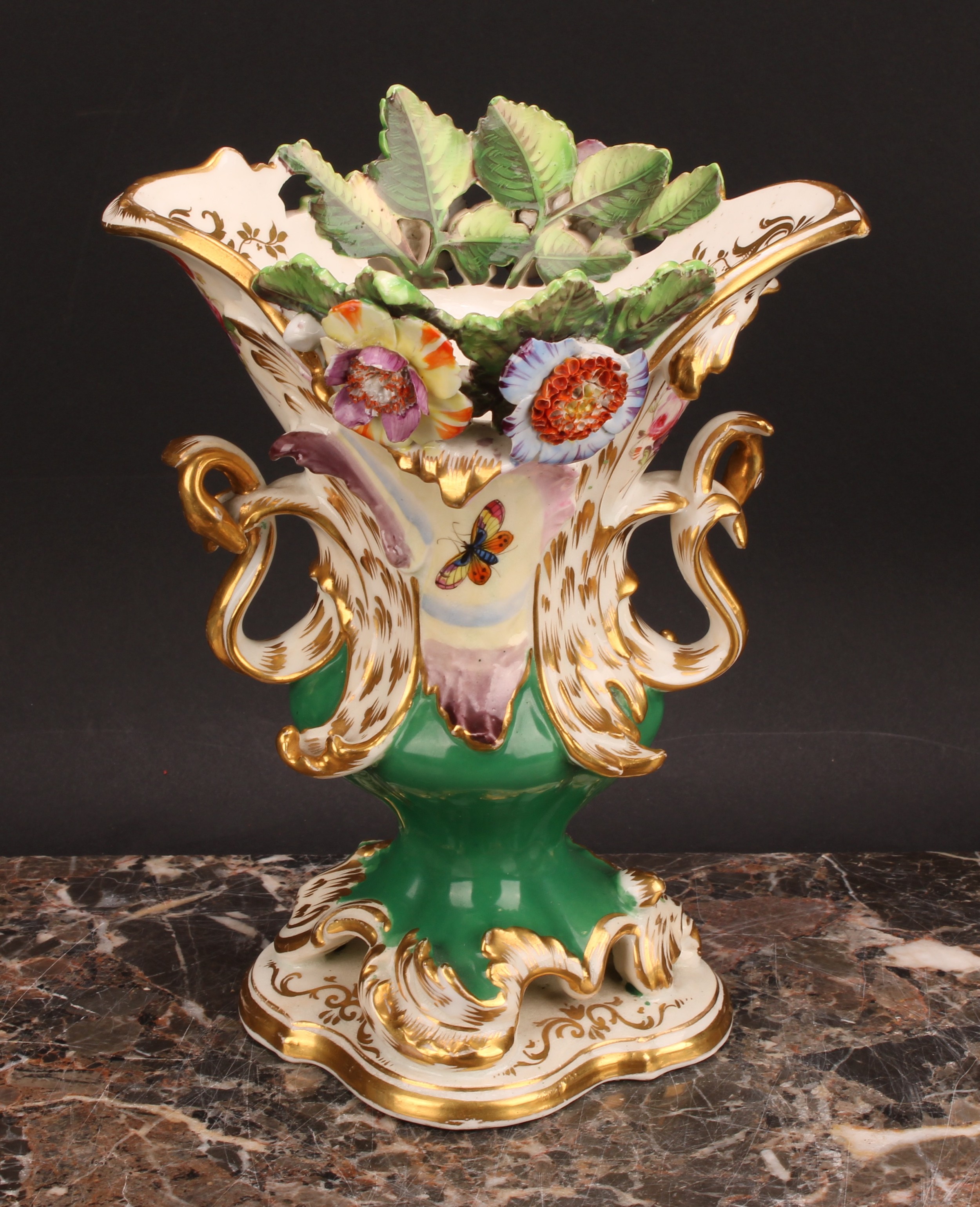 A Coalport Rococo Revival pedestal vase, painted with butterflies and flowers in shaped reserves - Image 2 of 5