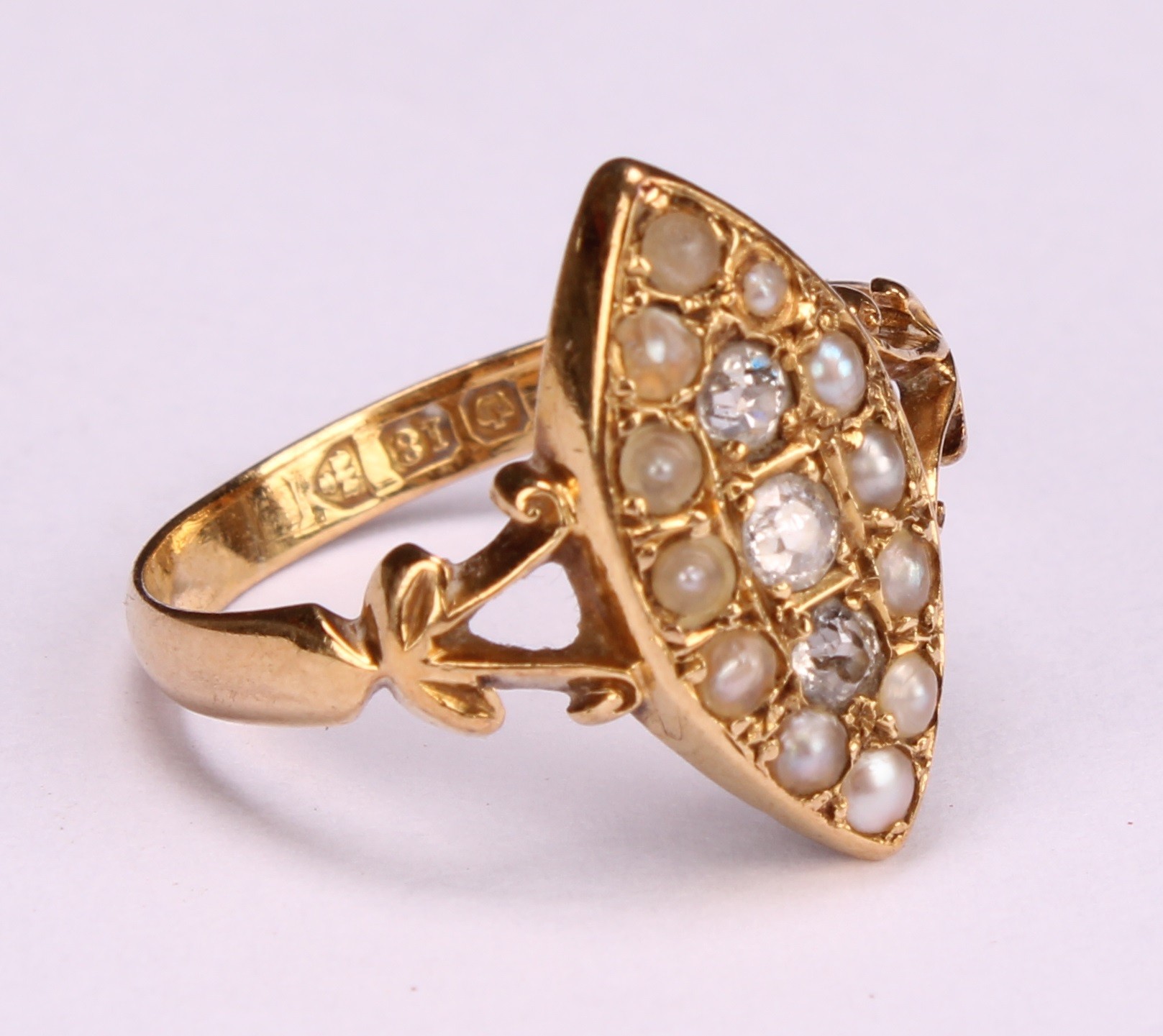 A diamond, seed pearl and 18ct gold navette shaped ring, set with three diamonds within 12 seed - Image 2 of 4
