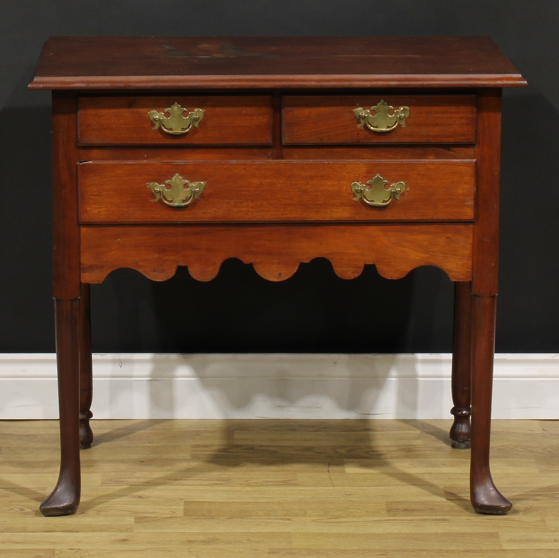 A 19th century American mahogany lowboy, rectangular top above two short and one long drawer, shaped - Image 2 of 6