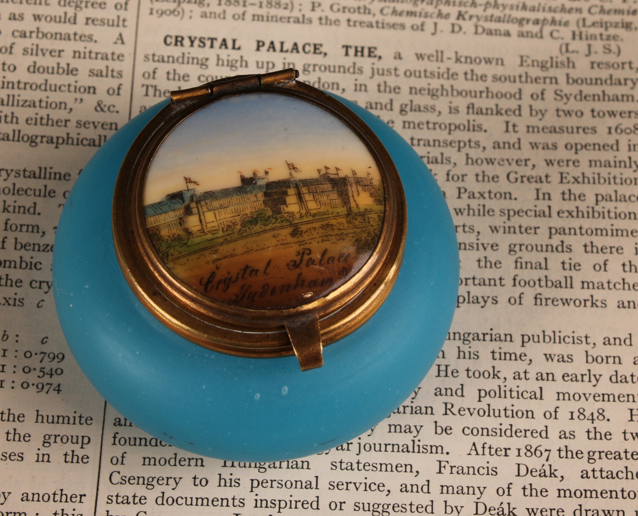 The Great Exhibition - a Palais Royal type blue glass circular box, the hinged cover decorated i