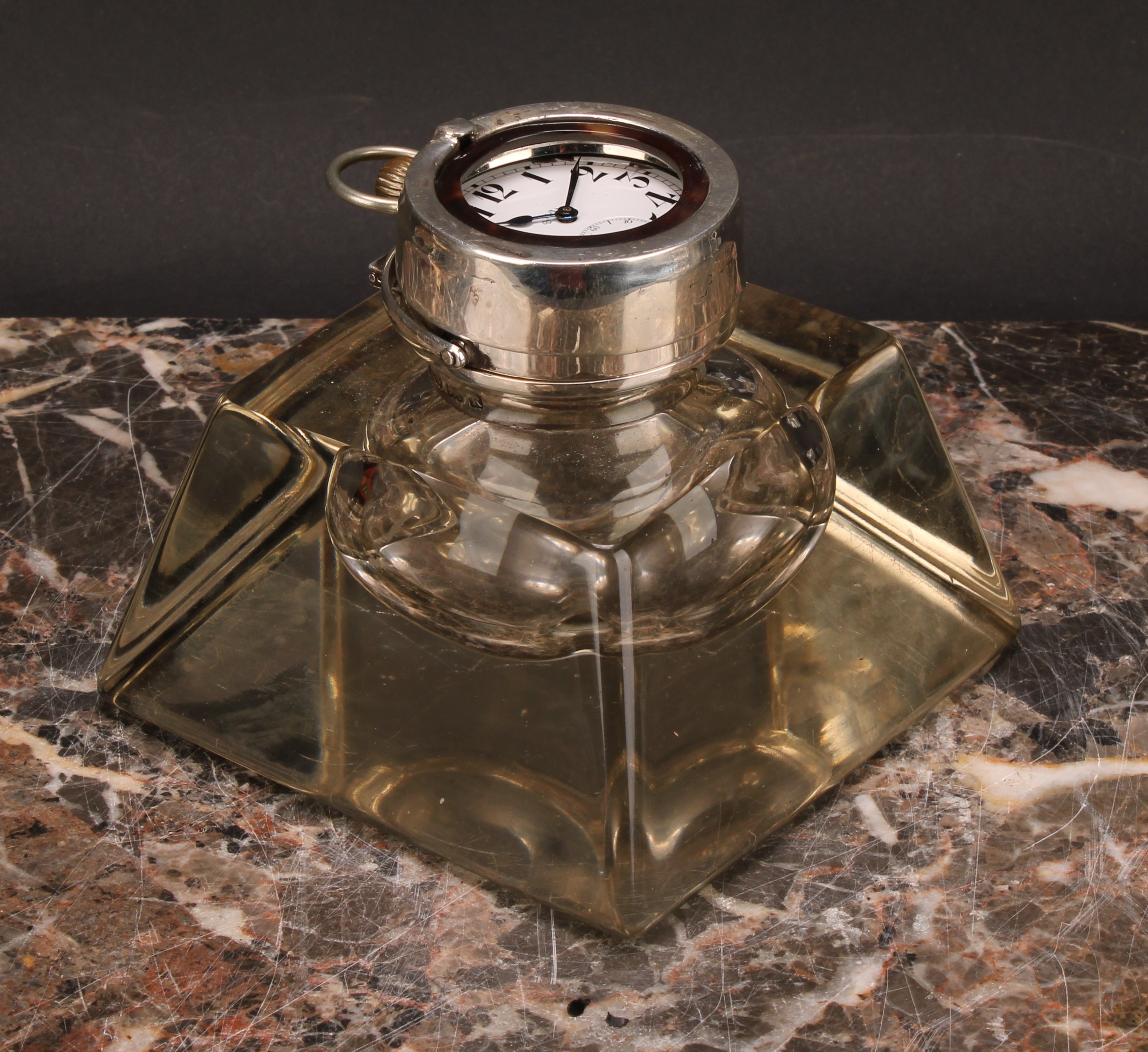 An Edwardian silver mounted combination inkwell and pocket watch holder, hinged cover with - Image 4 of 5