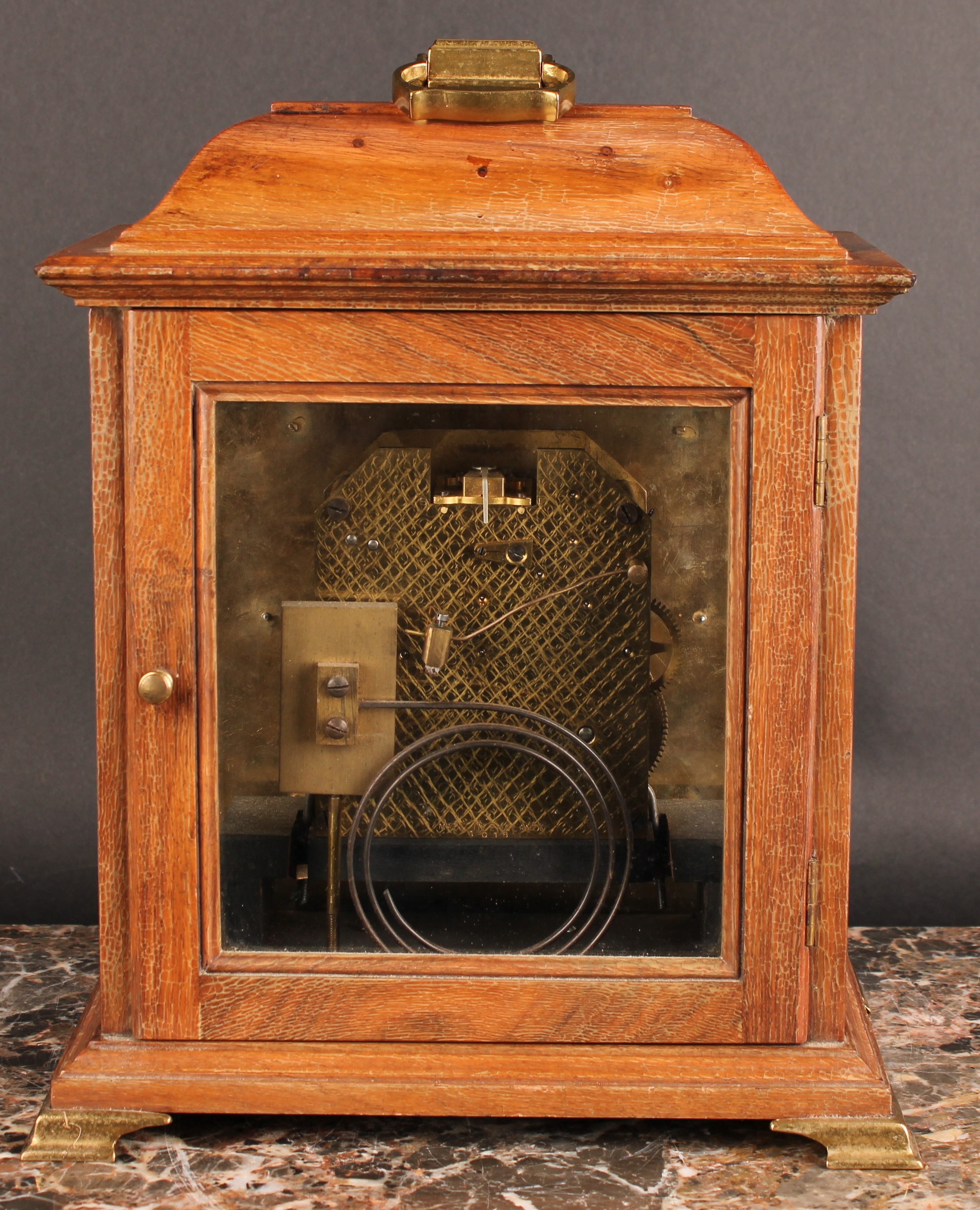 An early to mid 20th century walnut bracket-form mantel clock, 17.5cm brass dial with silvered - Image 4 of 5