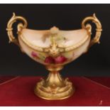 A Royal Worcester boat shaped pedestal vase, painted by K Austin, signed, with roses, on a blush