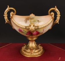 A Royal Worcester boat shaped pedestal vase, painted by K Austin, signed, with roses, on a blush