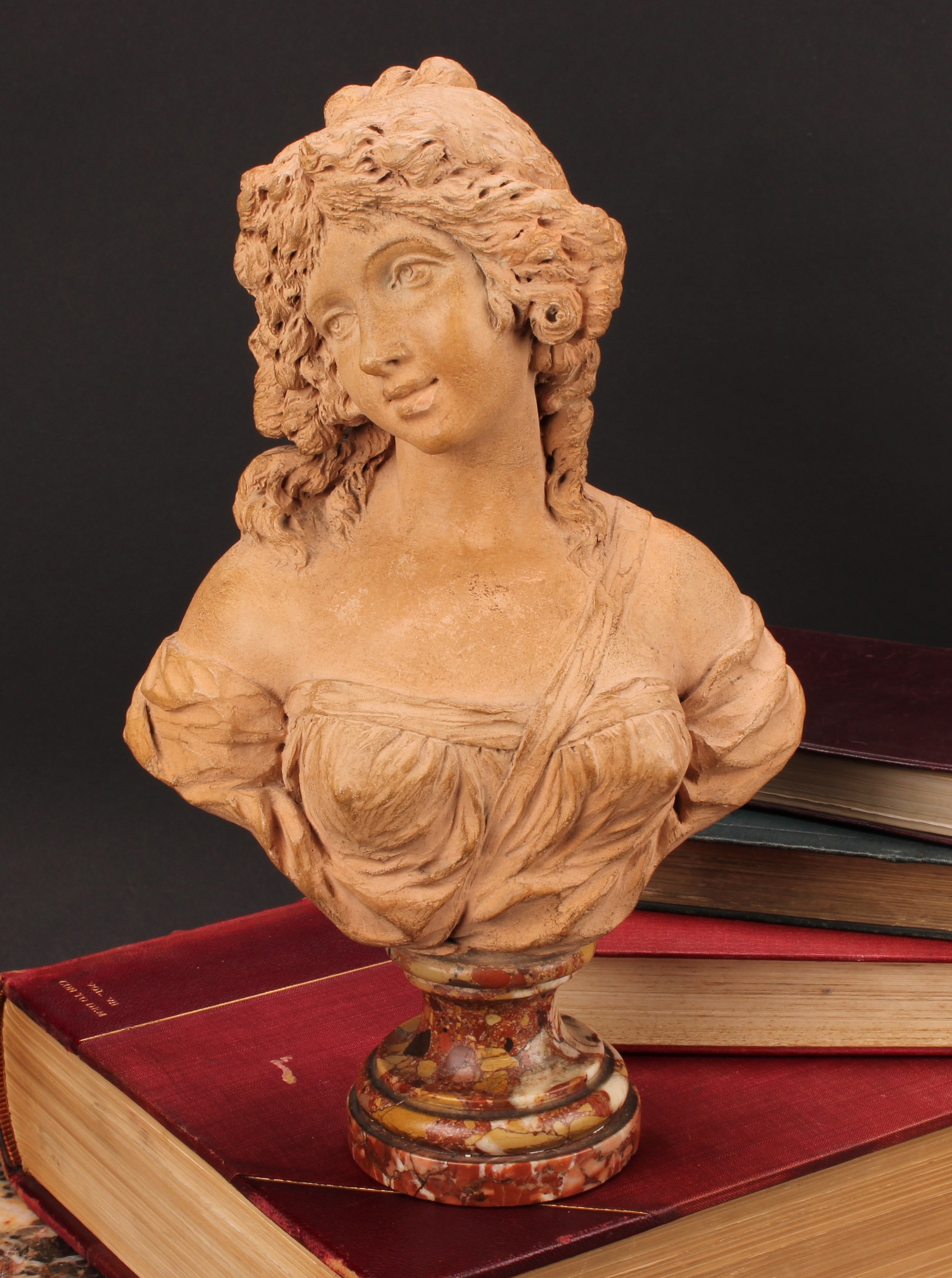 Italian School (19th century), a terracotta portrait bust, of a young beauty, Breccia marble plinth,