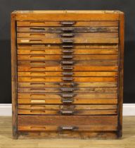 An early to mid-20th century oak primary printer’s or draughtsman’s plan chest, now fitted for the
