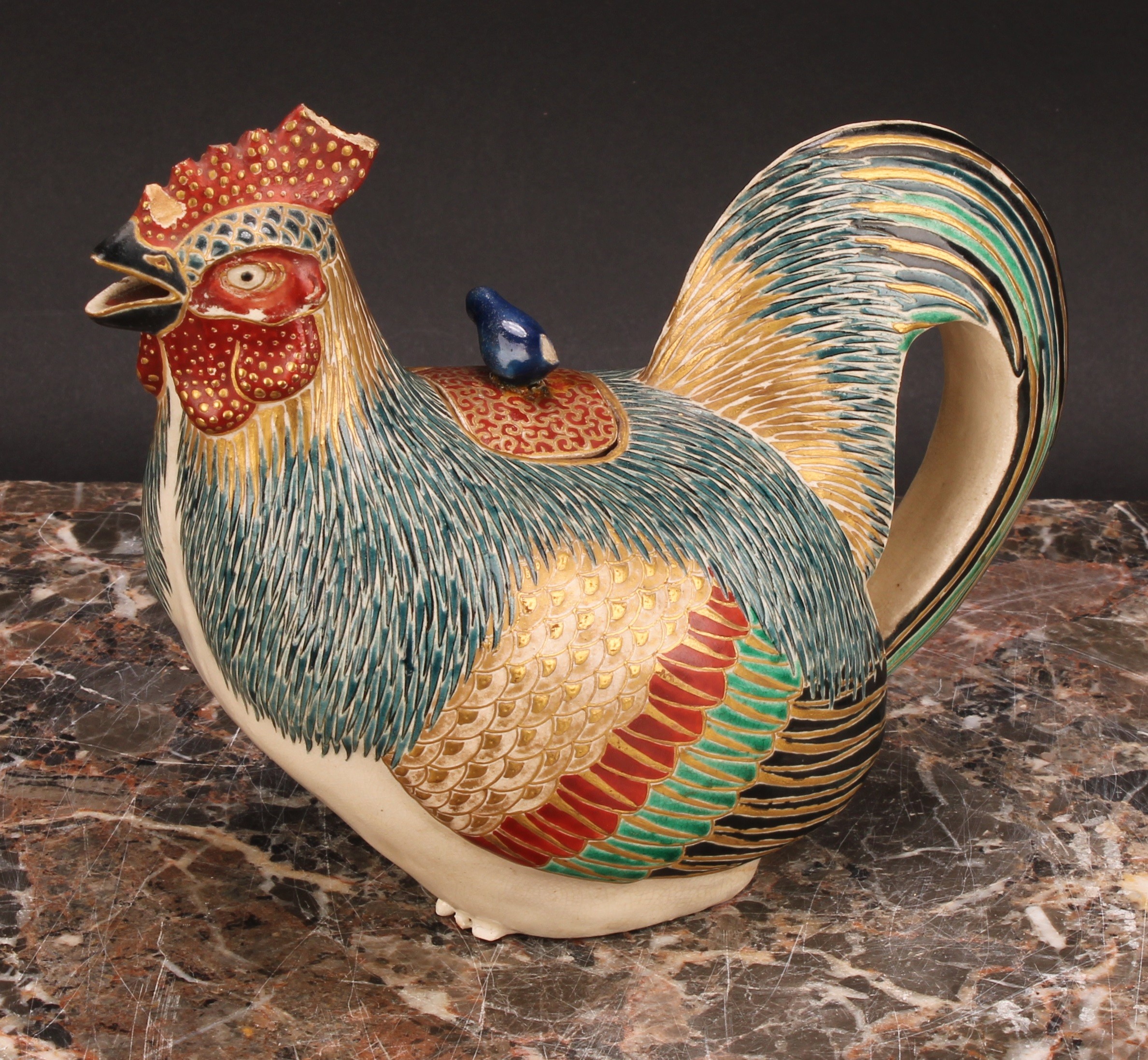 A Japanese satsuma teapot, as a cockerel, painted in polychrome and picked out in gilt, 18cm long, - Image 5 of 7