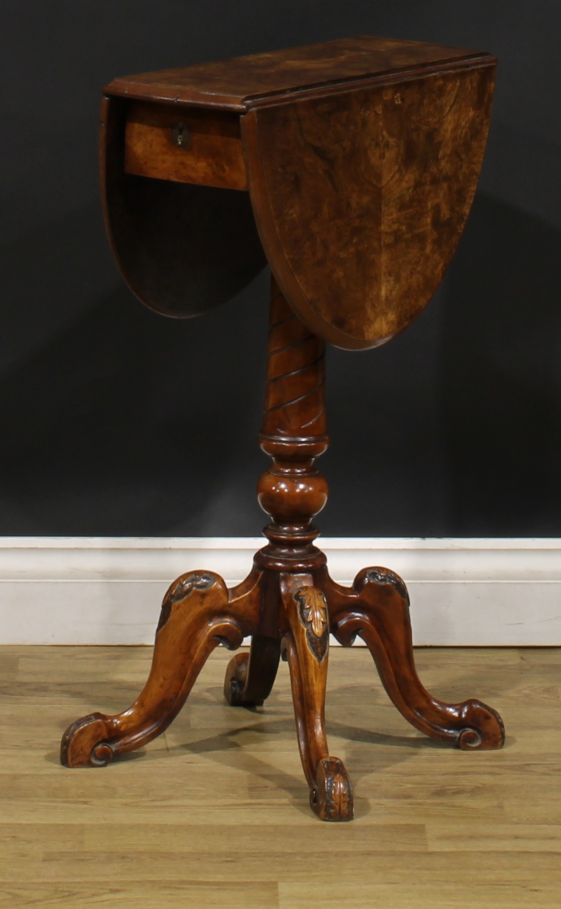 A Victorian walnut occasional table, quarter-veneered oval top with moulded edge and fall leaves, - Image 5 of 7