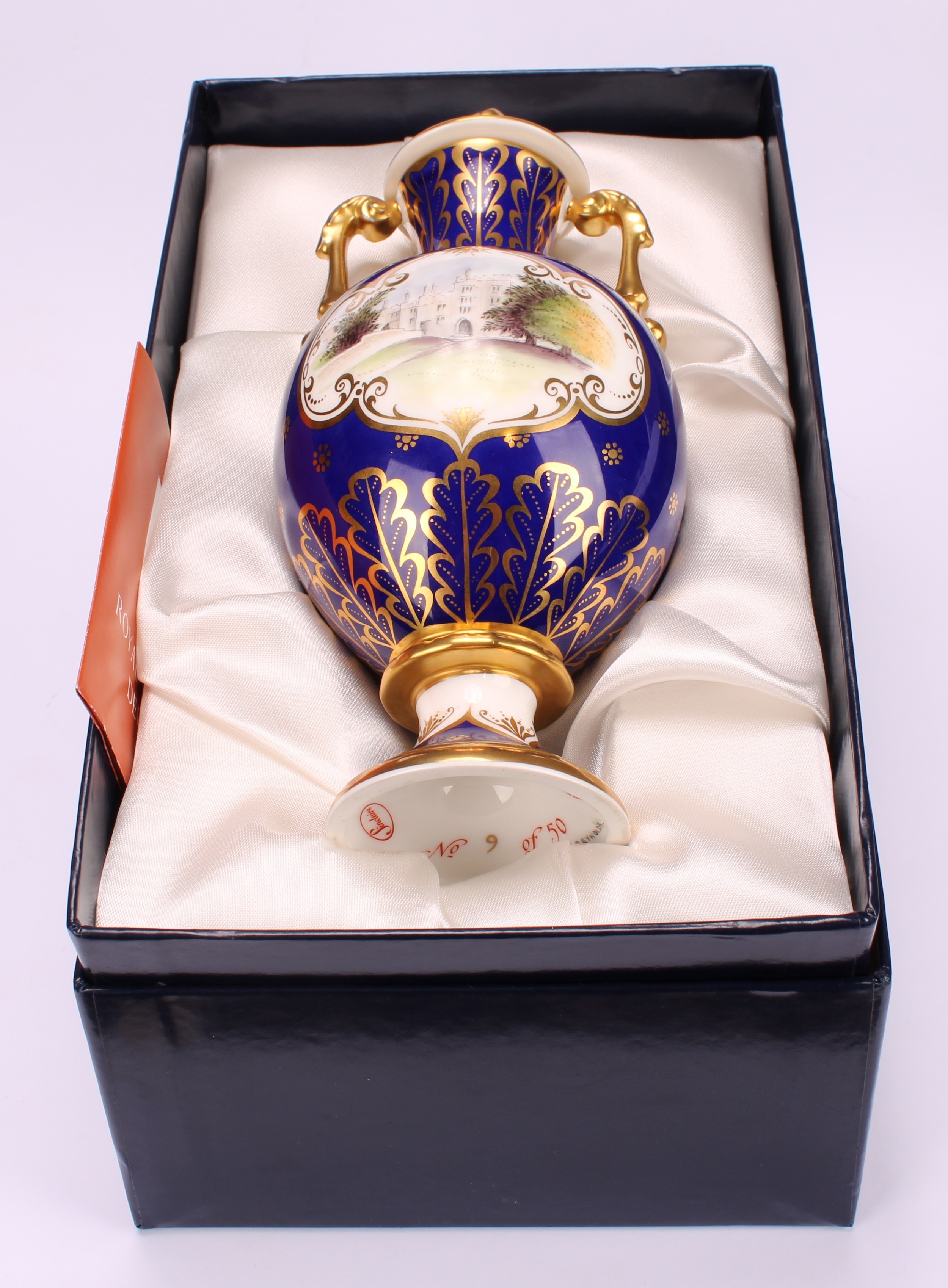 A pair of Royal Crown Derby pedestal ovoid two handled vases and covers, The Chatsworth Vase and The - Image 16 of 16