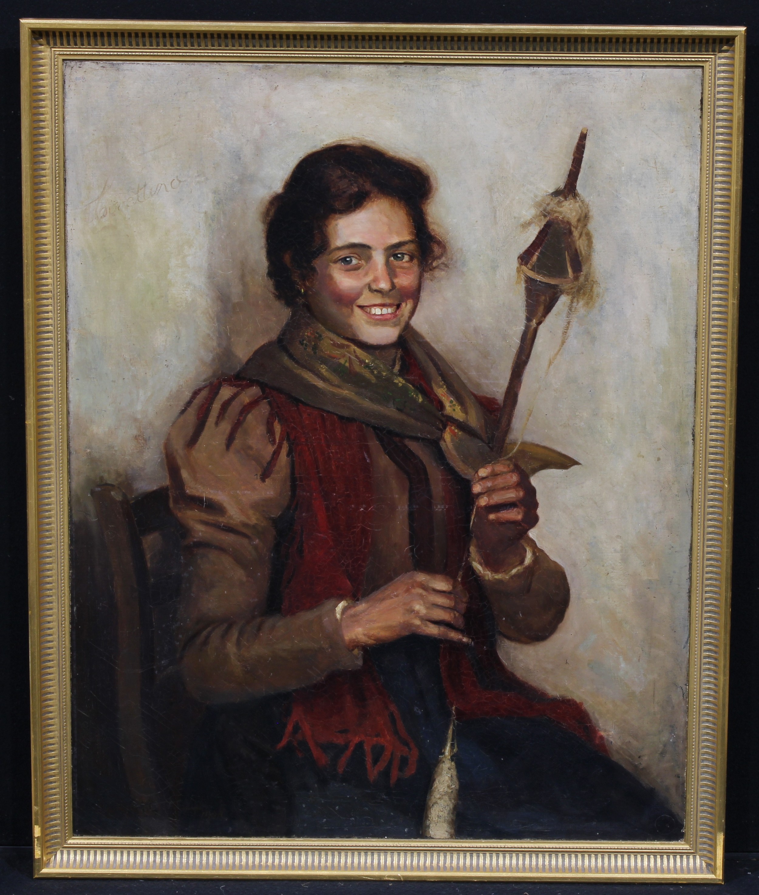 Continental School (19th century) Peasant Girl Spinning, indistinctly signed, oil on canvas, 91cm - Image 2 of 4