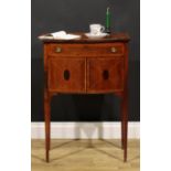 A Sheraton Revival satinwood crossbanded mahogany bowfront bedroom or chamber cabinet, oversailing