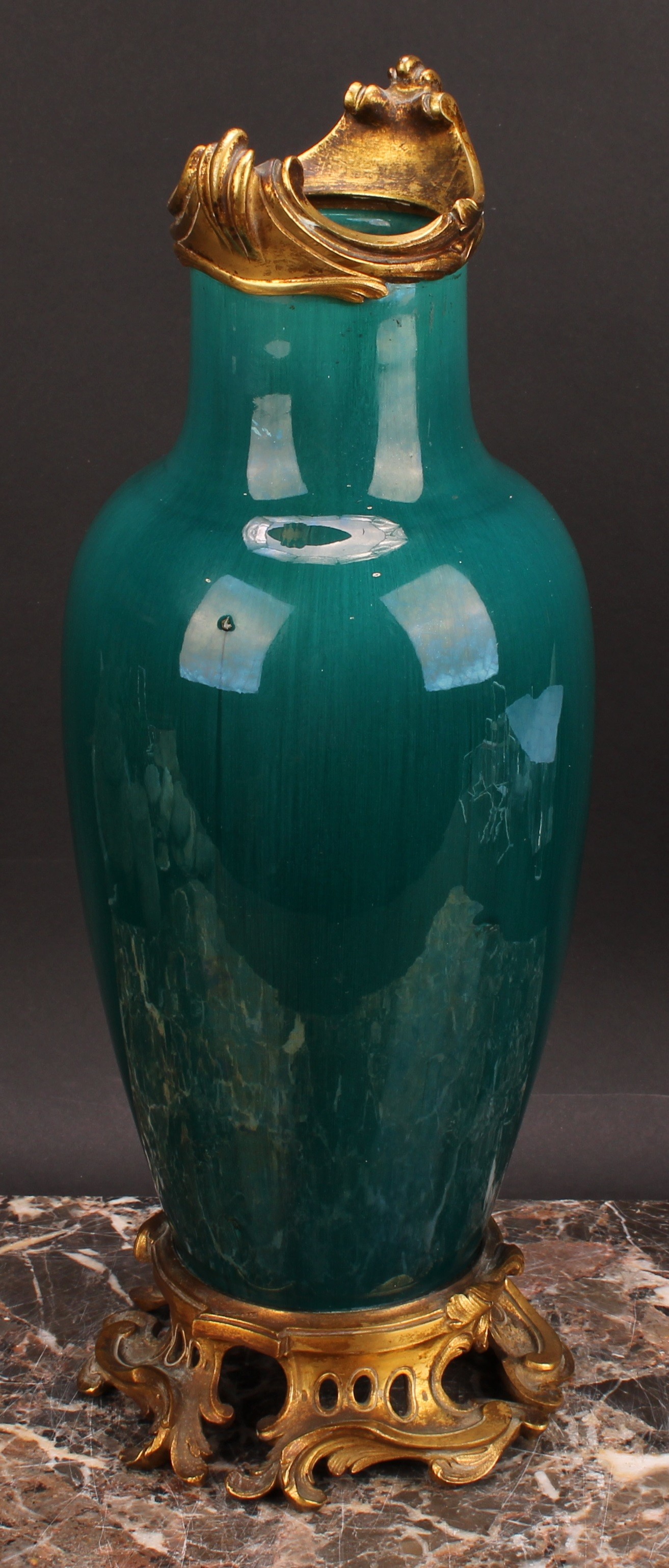 An early 20th century ormolu mounted monochrome vase, glazed in streaked tones of mottled turquoise, - Image 3 of 3