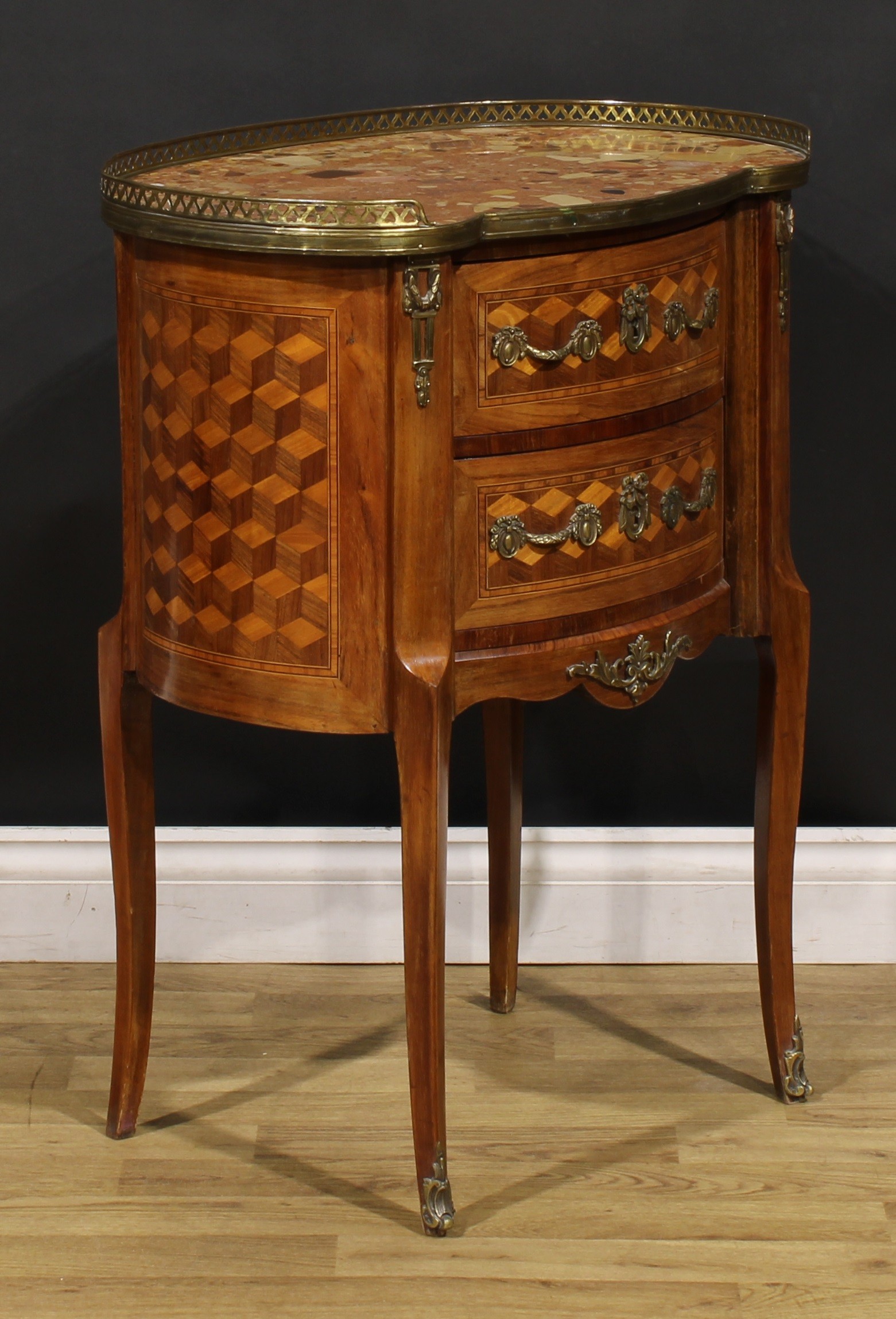 A Louis XV Revival gilt metal mounted tumbling blocks parquetry table de chevet or commode, marble - Image 3 of 5