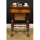 A Victorian burr walnut serpentine combination games and work table, hinged top, the interior inlaid