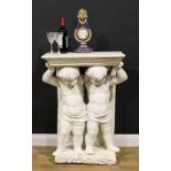 A neoclassical painted plaster and softwood figural pier table, rectangular plateau with moulded