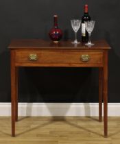 A George III mahogany side table, rectangular top with moulded edge above one long drawer, brass