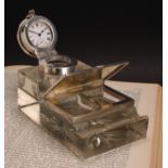 An Edwardian silver combination inkwell, stamp box and pocket watch holder, star-cut base, 11cm