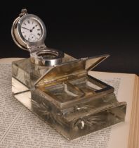 An Edwardian silver combination inkwell, stamp box and pocket watch holder, star-cut base, 11cm