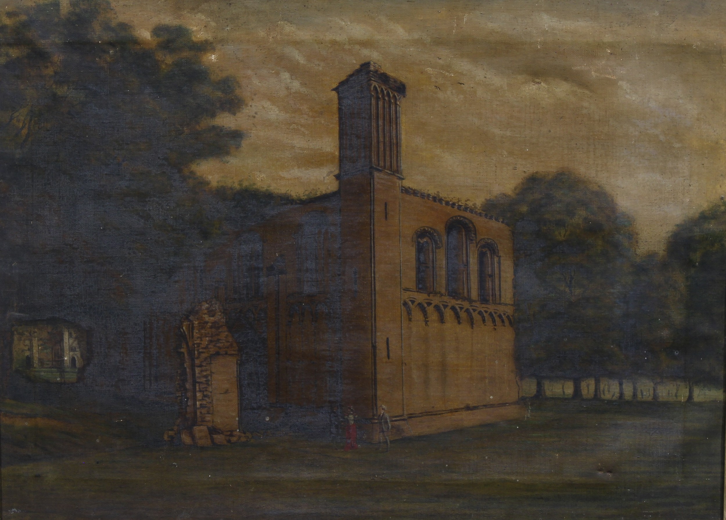 English School (19th century) Figures Beside a Church, oil on canvas, 48.5cm x 65cm