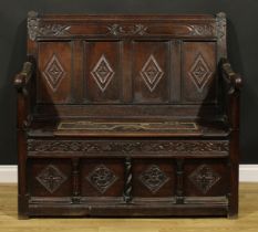 A 19th century oak box settle, of Staffordshire barons Bagot interest, rectangular cresting rail