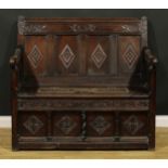 A 19th century oak box settle, of Staffordshire barons Bagot interest, rectangular cresting rail