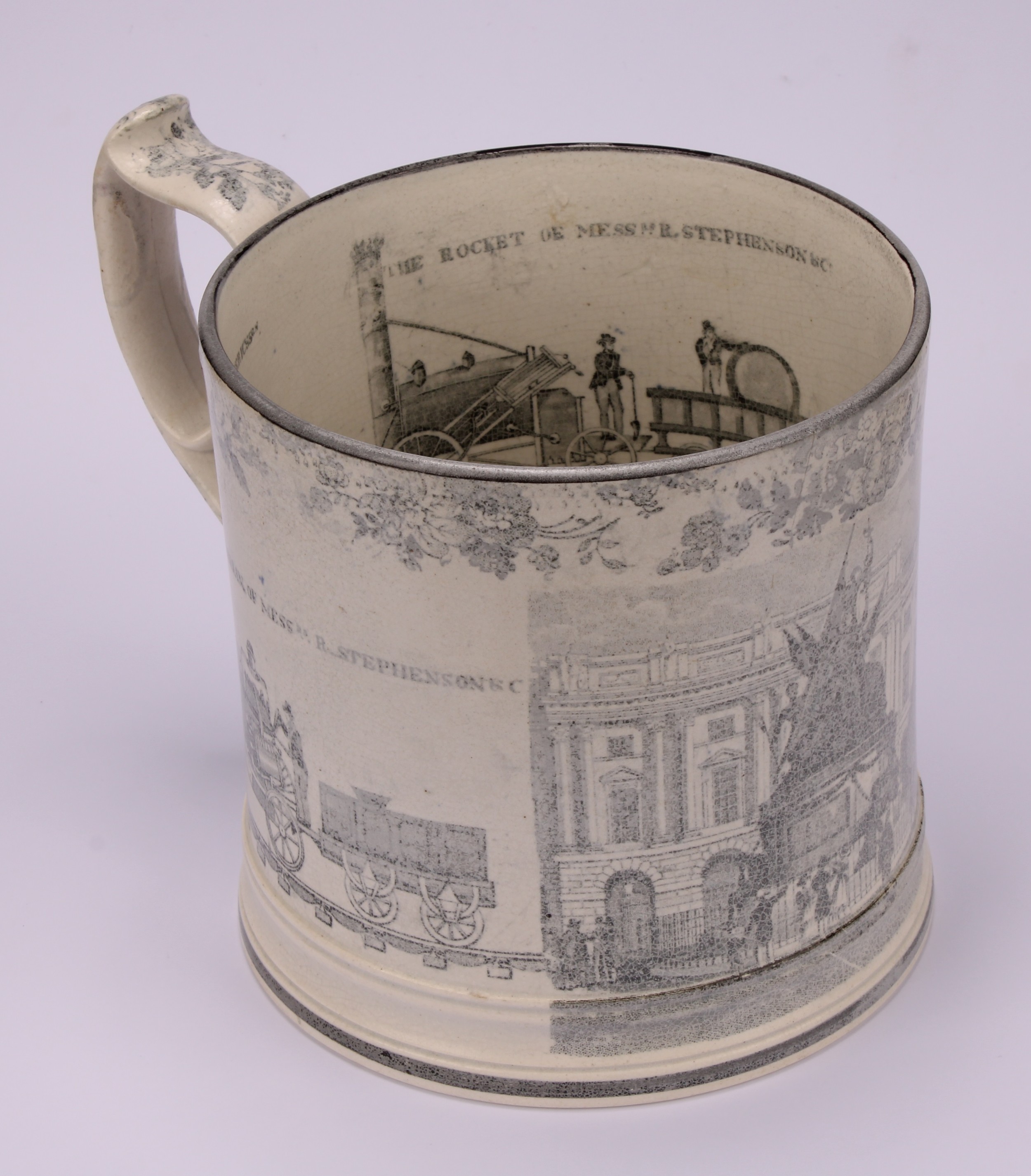 An unusual Liverpool pearlware frog mug, printed in monochrome with Stephenson's Rocket and - Image 3 of 5