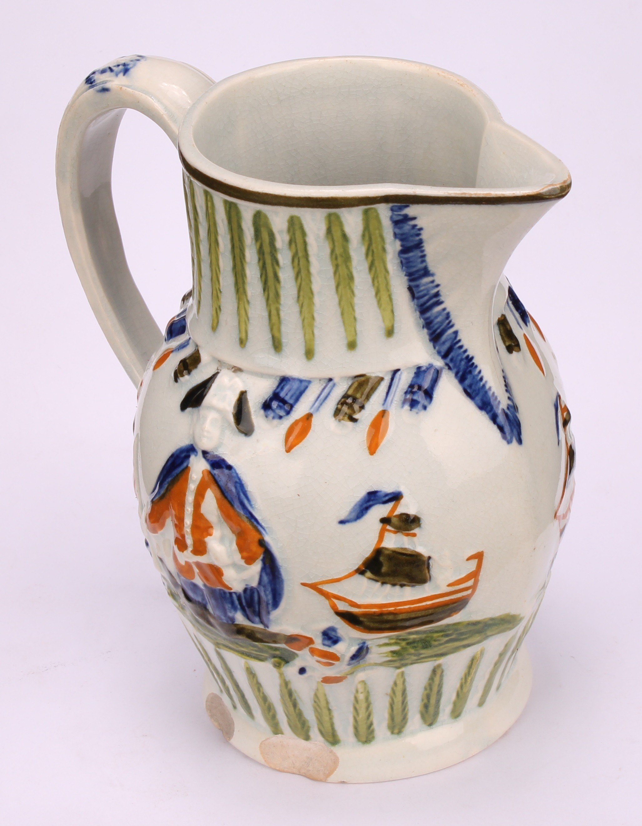 A Prattware pearlware jug, moulded in relief with Lord Jarvis flanked by a pair of ships, hand - Image 3 of 5