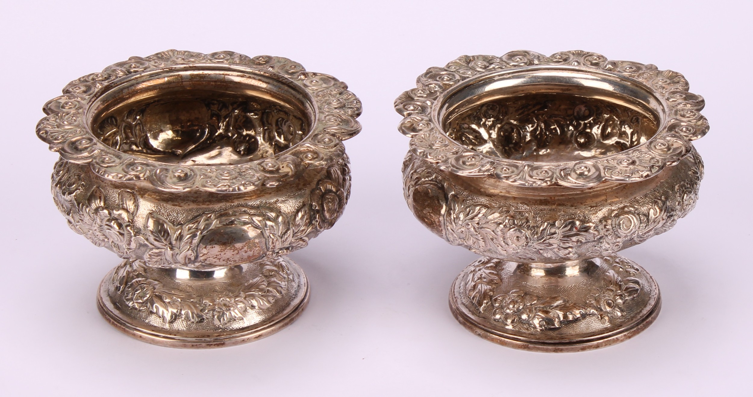 A pair of George IV silver ovoid pedestal salts, chased with floral band with vacant laurel wreath - Image 2 of 8