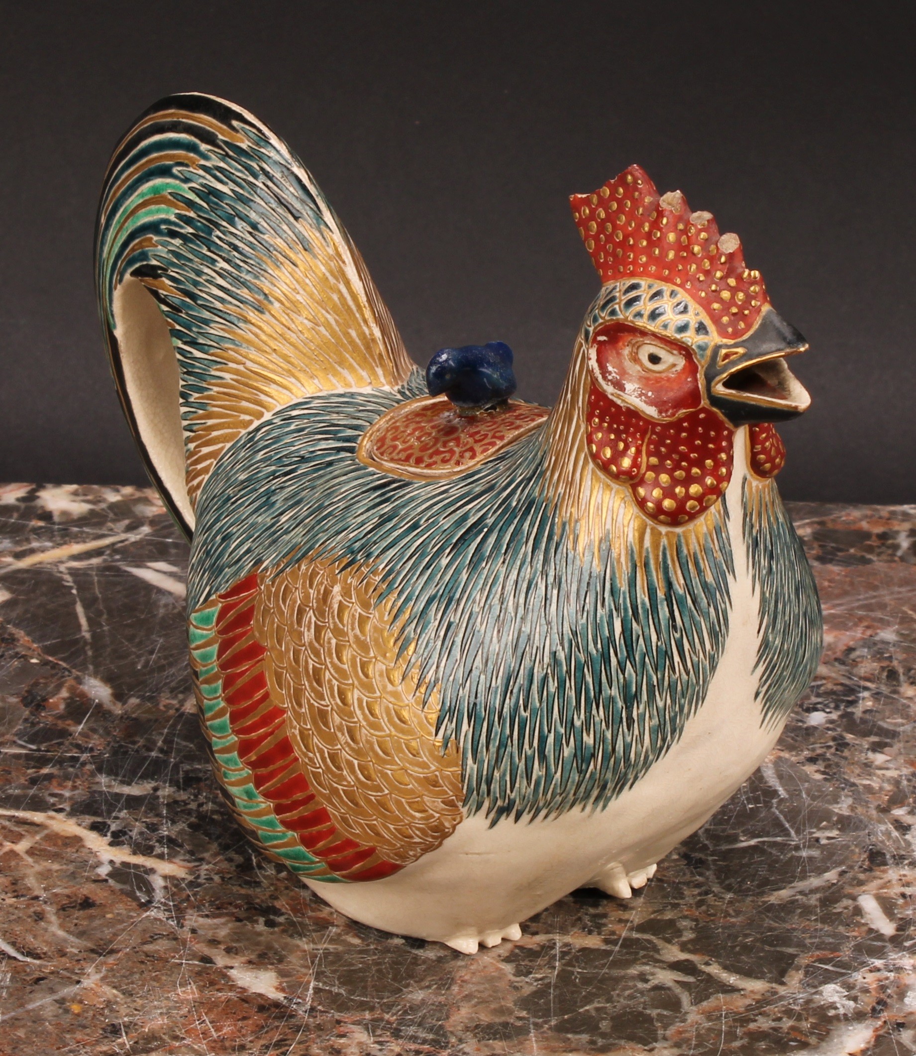A Japanese satsuma teapot, as a cockerel, painted in polychrome and picked out in gilt, 18cm long, - Image 3 of 7