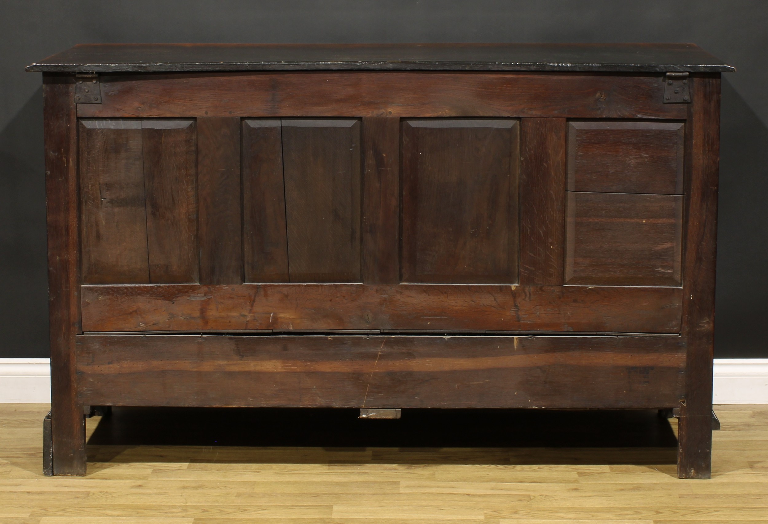 A George III oak mule chest, hinged top with moulded edge, above four shaped raised and fielded - Image 5 of 5