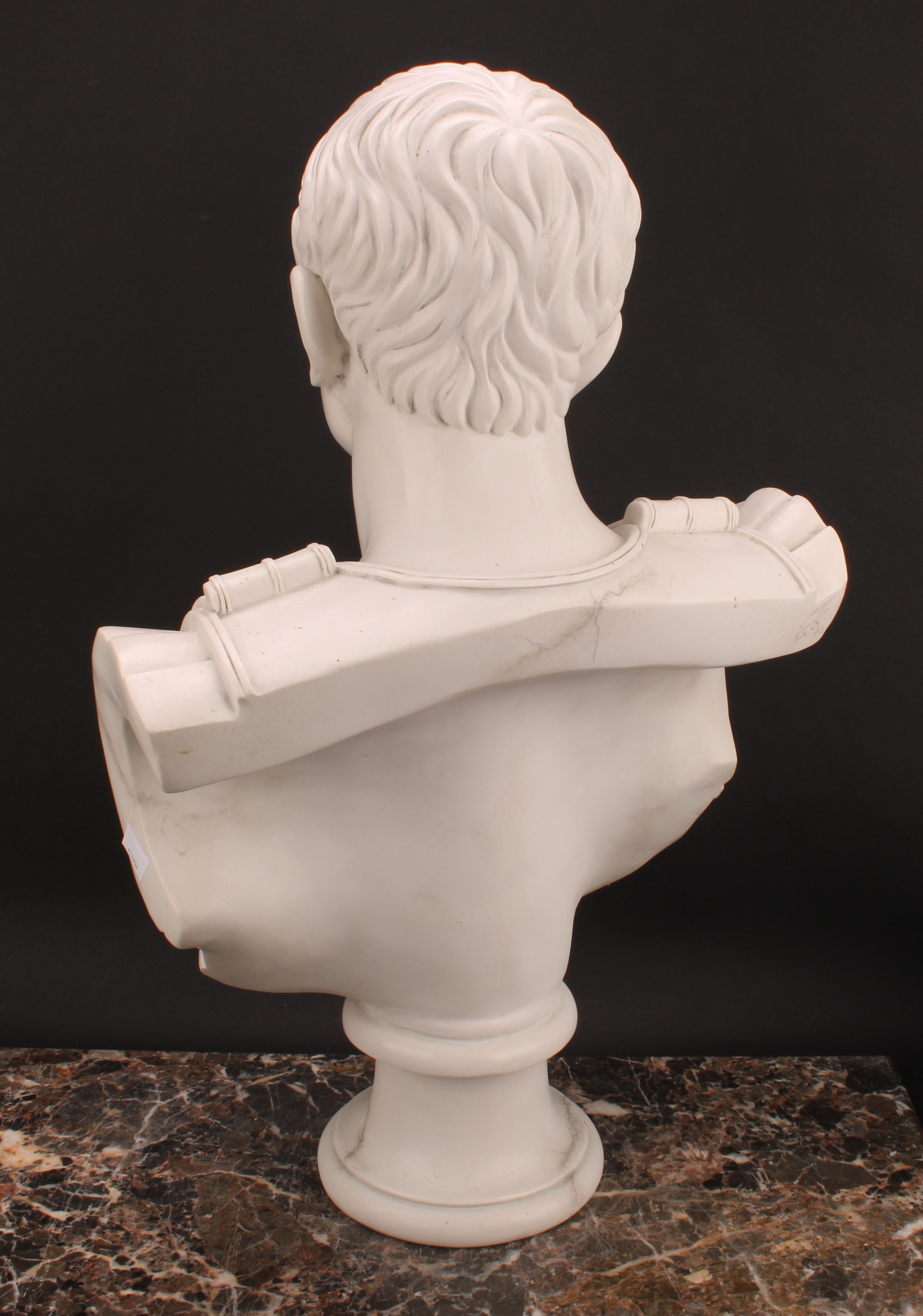 A Grand Tour style reconstituted marble library bust, Gaius Julius Caesar Augustus, waisted socle, - Image 4 of 4