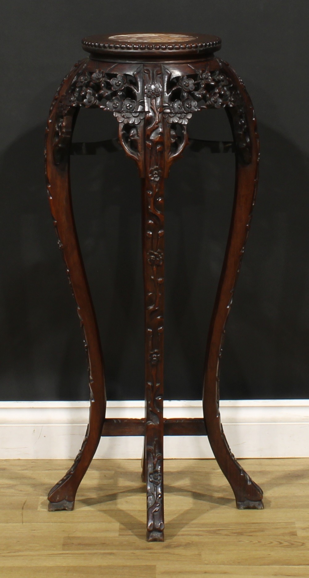 A Chinese hardwood jardiniere stand, circular top with beaded border and inset marble panel, - Image 3 of 4