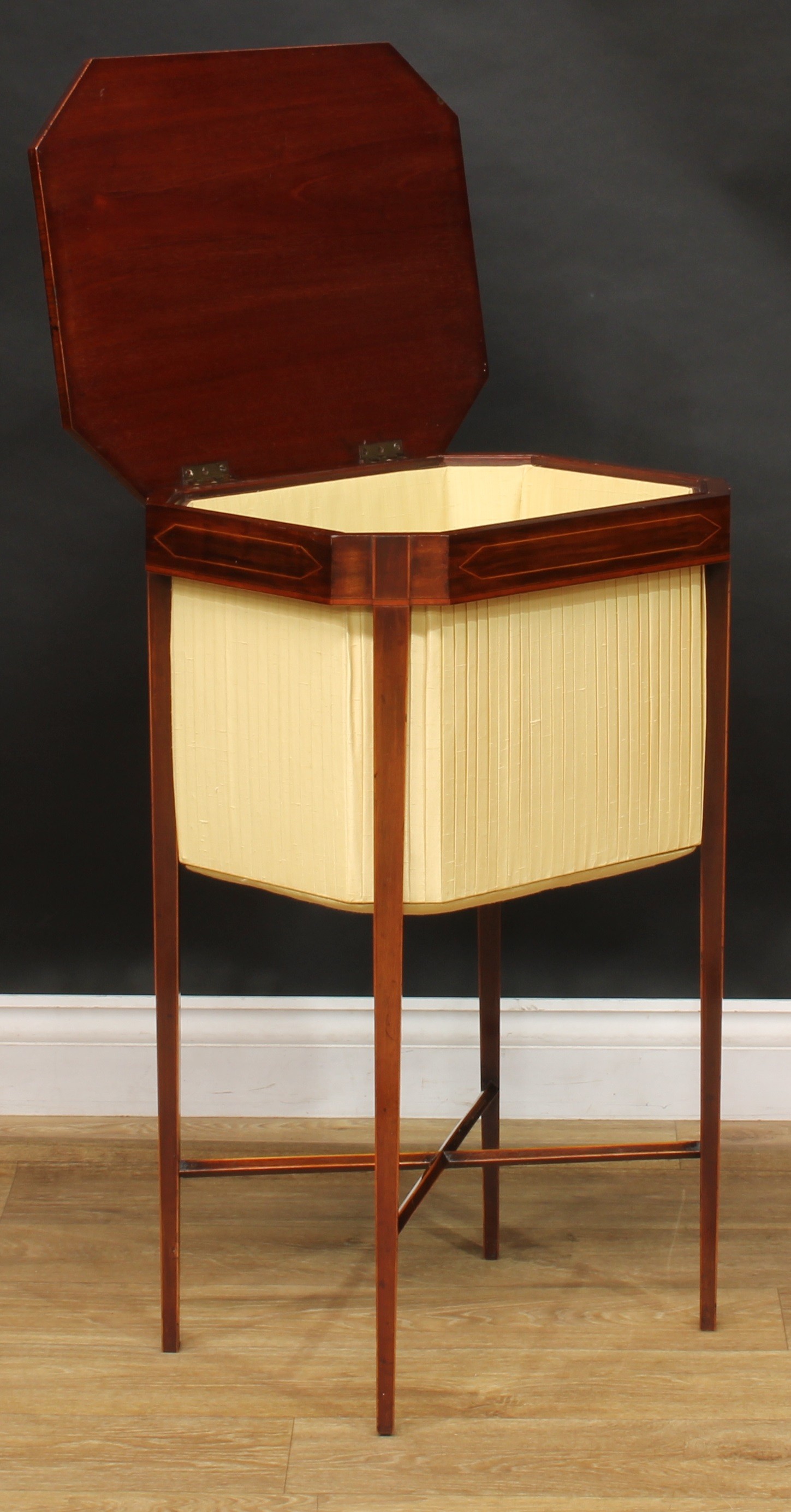 A George III mahogany work table, hinged canted rectangular top, pleated undertier, tapered legs, - Image 4 of 6