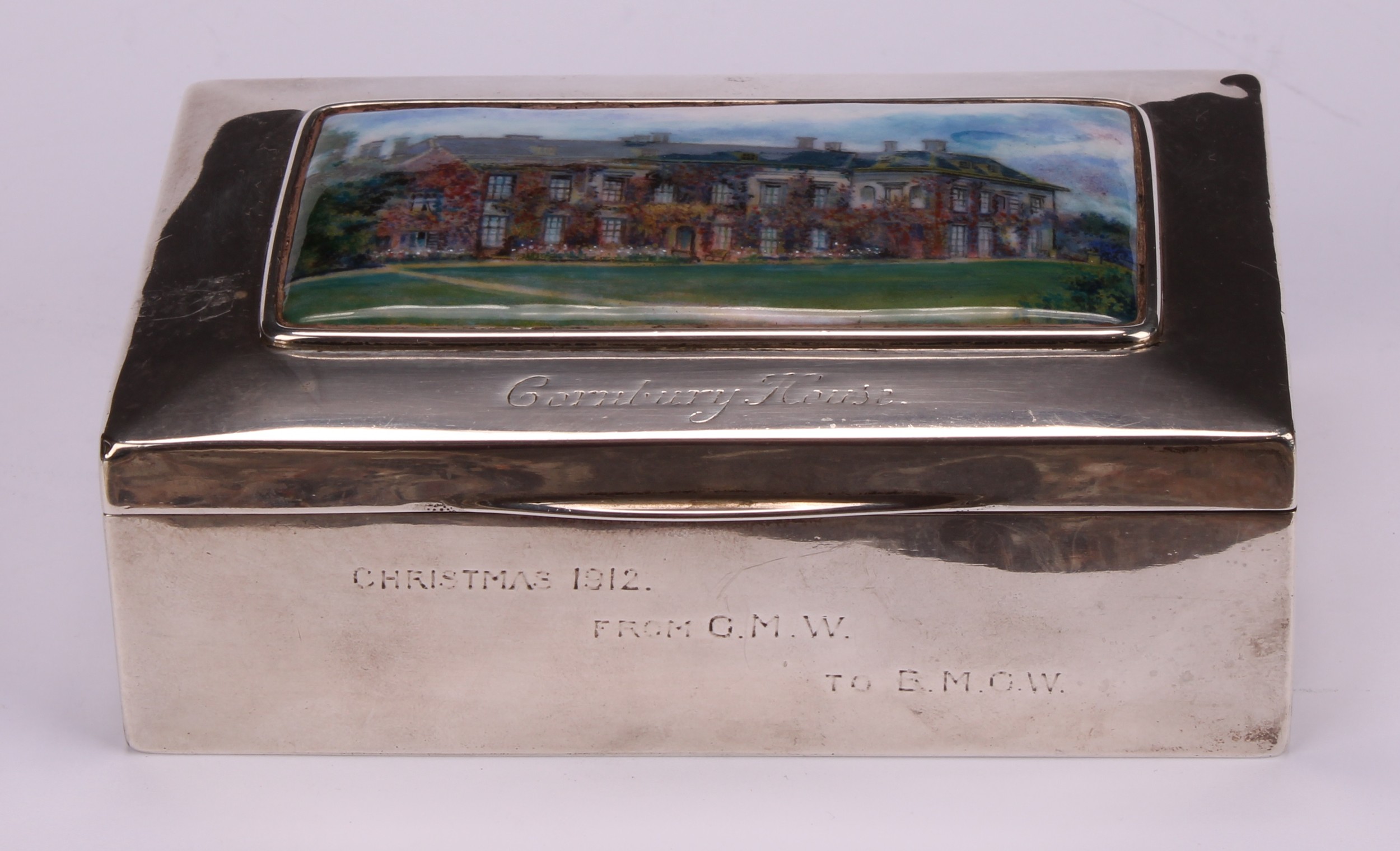 An Arts and Crafts silver and enamel rectangular box, hinged cover decorated with a named view of - Image 2 of 6