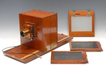 Photography - An unusual Watson mahogany and brass half plate tailboard field camera, the