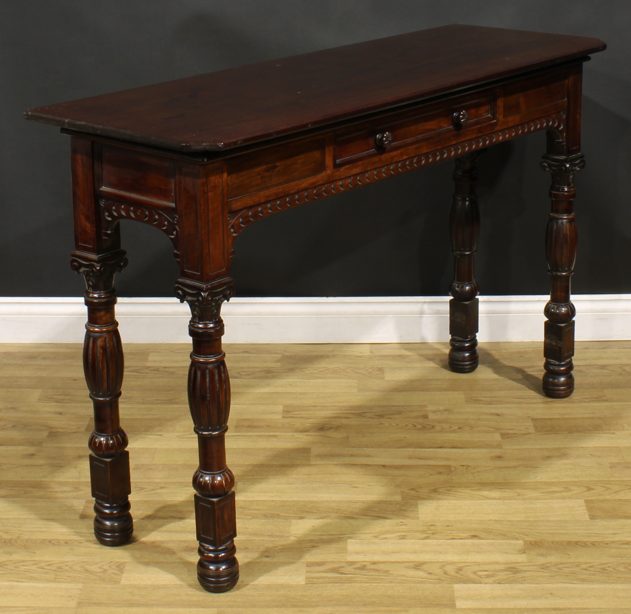 A Victorian mahogany pier table, rectangular top with canted foreangles above a single frieze - Image 3 of 6