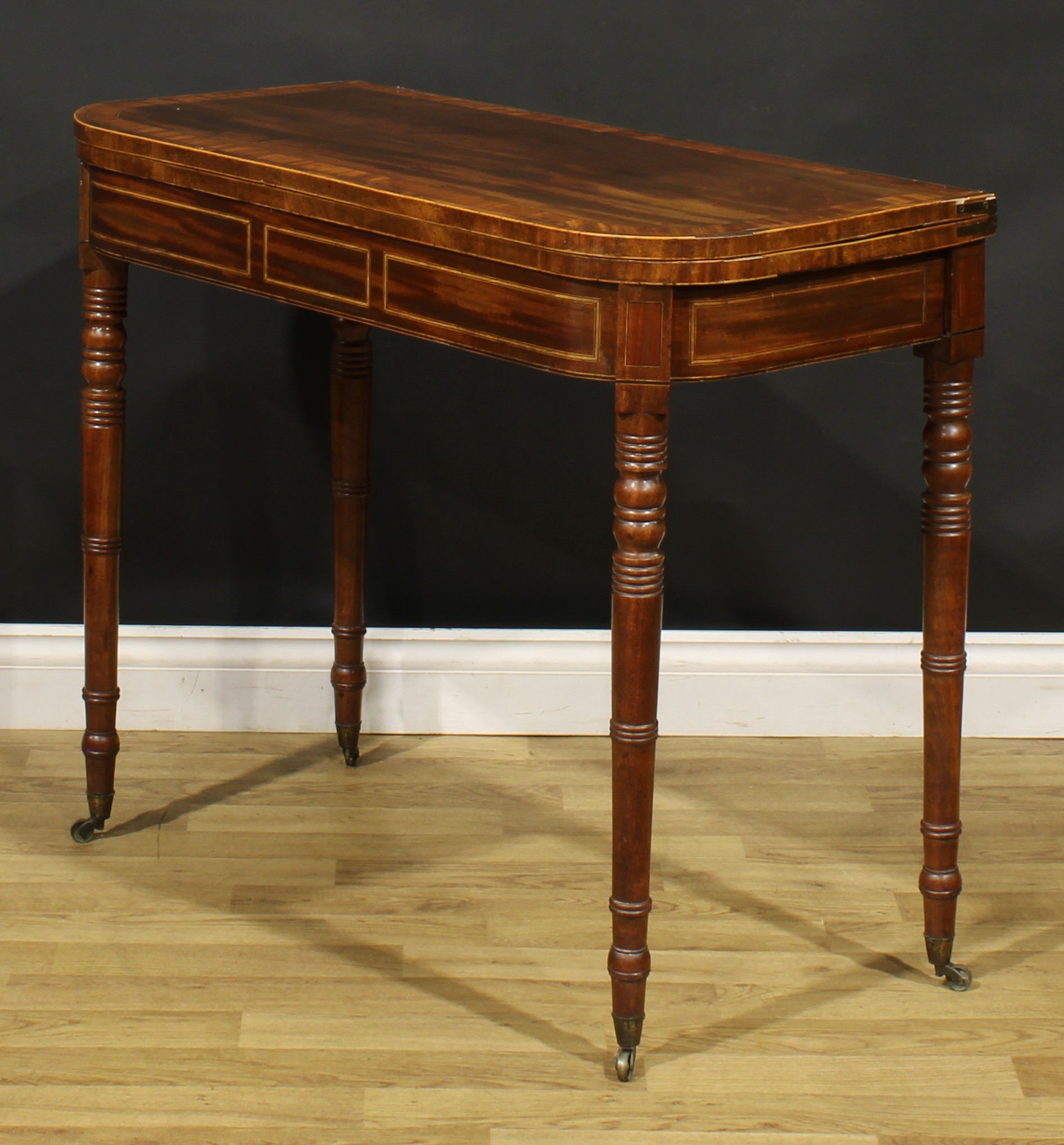 A Regency mahogany card table, hinged satinwood and rosewood crossbanded top enclosing a baize lined - Image 5 of 6