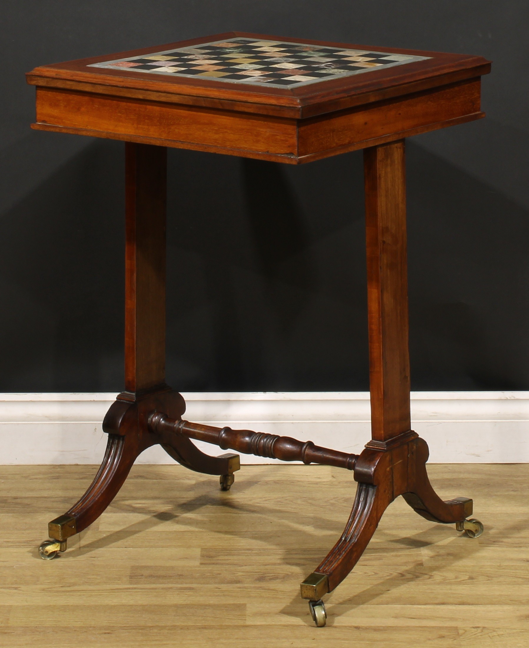 A 19th century mahogany and specimen marble games table, square top with moulded edge and inset - Image 3 of 5